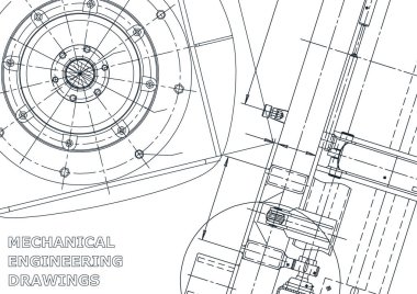 Kapak, el ilanı. Vektör mühendisliği illüstrasyon. Plan, afiş, arka plan. Alet yapımı çizimler. Makine mühendisliği çizimi. Teknik çizimler, arka planlar. Şema, Anahat, Plan