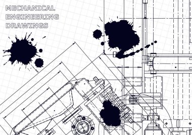 Makine yapım endüstrisi. Makine mühendisliği çizimi. Alet yapımı çizimler. Siyah Mürekkep. Lekeler. Teknik çizimler, arka plan