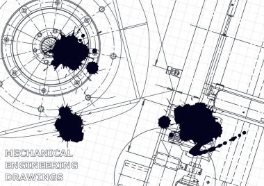 Kapak, el ilanı. Vektör mühendisliği illüstrasyon. Plan, afiş, arka plan. Alet yapımı çizimler. Makine mühendisliği çizimi. Siyah Mürekkep. Lekeler, geçmişler. Şema, Anahat, Plan