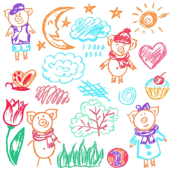 Cute children's drawing. Icons, signs, symbols, pins — Stock Vector