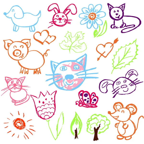 Aranyos Gyerekrajz Színes Viaszceruzák Ikonok Jelek Szimbólumok Csapok Macskák Mezei — Stock Vector