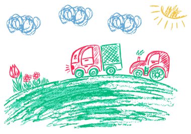 Balmumu boya kalemleri ve pastel boyalarla çizilmiş çocuk resimleri. Yaz manzarası, tepe, arabalar. Çocuk broşürleri, posterler, pankartlar, tişörtler, kapaklar için kullanılır.