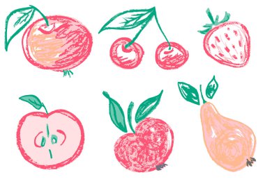 Balmumu boya kalemleri ve pastel boyalarla çizilmiş çocuk resimleri. Bir dizi meyve çizimi. Çocuk broşürleri, posterler, pankartlar, tişörtler, kapaklar için kullanılır.