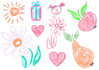 Balmumu boya kalemleri ve pastel boyalarla çizilmiş çocuk resimleri. Meyveler, çiçekler. Çocuk broşürleri, posterler, pankartlar, tişörtler, kapaklar için kullanılır.