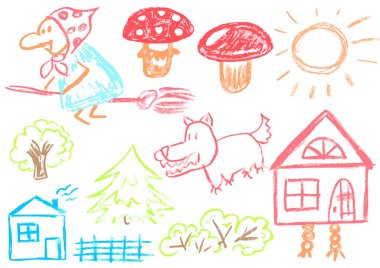 Balmumu boya kalemleri ve pastel boyalarla çizilmiş çocuk resimleri. Baba Yaga ve kurt çizimleri, peri masalı karakterleri. Çocuk broşürleri, posterler, afişler için kullanılır.