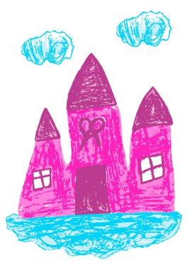 Balmumu boya kalemleri ve pastel boyalarla çizilmiş çocuk resimleri. Bulutlardaki pembe şato. Çocuk broşürleri, posterler, afişler, tişörtler, kapaklar için kullanılır.