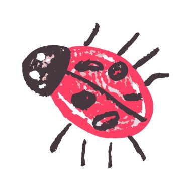 Uğur böceği. Pastel boya ve pastel boyalarla çizilmiş çocuk resimleri. Kağıt, kapak, kumaş, iç dekorasyon ve diğer kullanım için vektör tasarımı. Tasarımınızın ögesi, sevimli simge, işaret, sembol, iğne, etiket