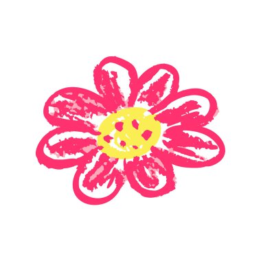 Çiçek. Pastel boya ve pastel boyalarla çizilmiş çocuk resimleri. Kağıt, kapak, kumaş, iç dekorasyon ve diğer kullanım için vektör tasarımı. Tasarımınızın ögesi, sevimli simge, işaret, sembol, iğne, etiket