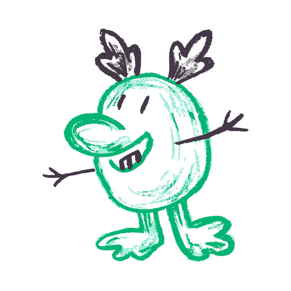 Детский рисунок с восковыми карандашами и пастелью. Монстр. Векторный дизайн для бумаги, обложки, ткани, декора интерьера и других целей. Элемент вашего дизайна, милый значок