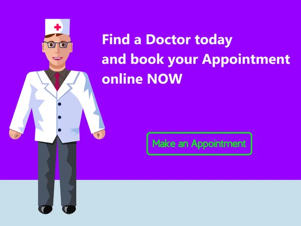 Medicina online. Appuntamento dal dottore. Progettazione banner web consept. Illustrazione piatta vettoriale con sfondo viola . — Vettoriale Stock