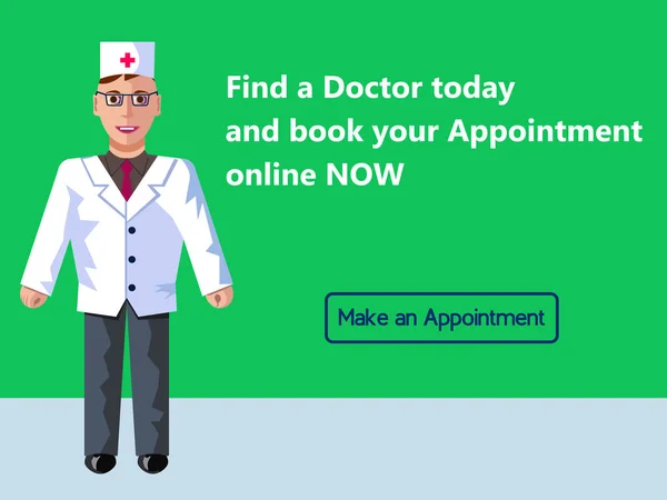Medicina online. Appuntamento dal dottore. Progettazione banner web consept. Illustrazione piatta vettoriale con sfondo verde . — Vettoriale Stock