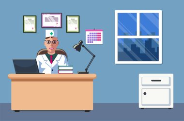 Onun ofisinde oturan ve çalışan bir doktor Illustration. Doktorlar ofisi. İç tasarım. Doktorlar randevu.