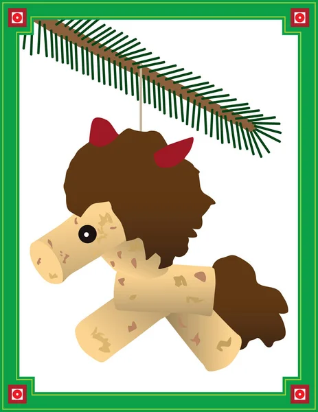 コルクから作られたクリスマスの飾り馬は木からぶら下がっています — ストックベクタ