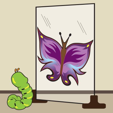 A young caterpillar is looking in a mirror and seeing himself as a colorful butterfly clipart