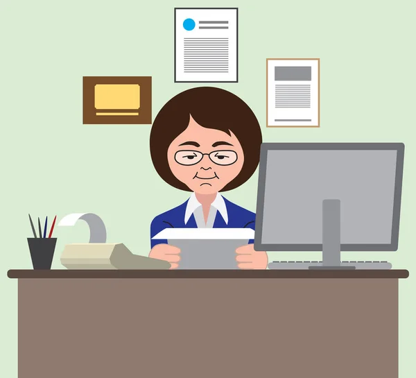 Busy Female Accountant Studying Some Documents — Stock Vector