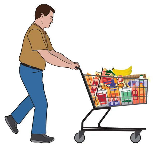 一名身穿短袖衬衫的男子正在推着一辆装满杂货的购物车 — 图库矢量图片