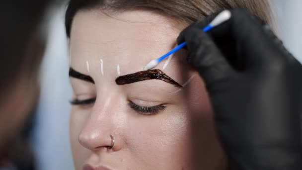 Maquiagem artista faz coloração de sobrancelha com corantes naturais, tonificação com henna, procedimentos cosméticos no salão de beleza — Vídeo de Stock