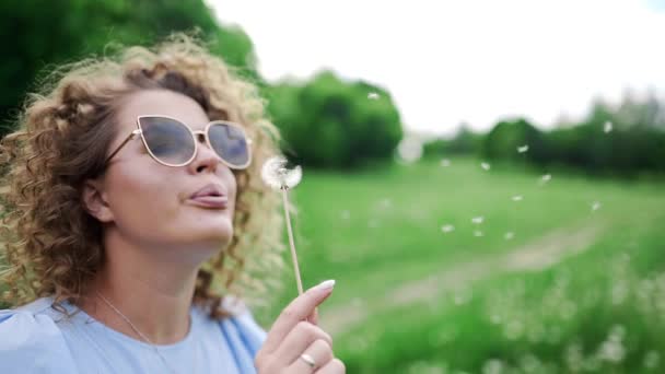 Привлекательная женщина в солнечных очках дует в одуванчики и они улетают на ветру, красивая извращенная девушка дует одуванчики на ветер, отдыхая в зеленом парке в летний солнечный день — стоковое видео