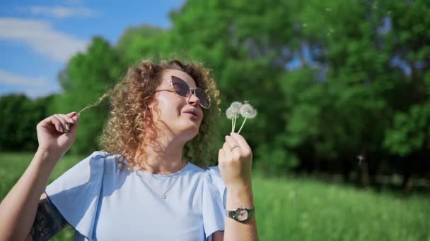 Mujer Atractiva Gafas Sol Sopla Los Dientes León Vuelan Lejos — Vídeo de stock