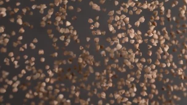 Marco shot of buckwheat is falling down in slow motion, slow motion food shoots, 1080h 240fps, food in superslow motion, recipes and cooking with cereals — Stock Video