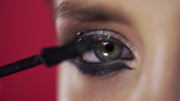 Nahaufnahme des Auges Wimpern Make-up, Frau mit Abend Make-up malt Wimpern, Augen Make-up, Beauty Fashion Make-up Artist, schöne Augen — Stockvideo