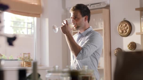 Mladý muž pije bílé víno z velké sklo na kuchyni ve slunečný letní den, ochutnávka vín, domácí party, víno po večeři — Stock video