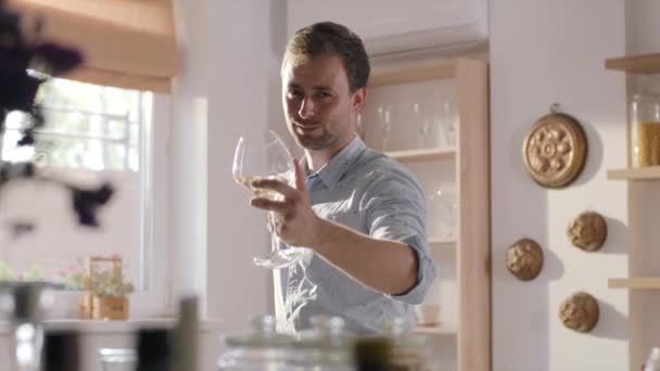 Homem brindando à câmera com copo de vinho branco, jovem bebe vinho do copo, degustação de vinhos, festa em casa, vinho após o jantar, dia ensolarado de verão — Vídeo de Stock