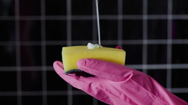 Foto close up menuangkan bahan kimia rumah tangga ke spons untuk membersihkan rumah, komersial bahan kimia rumah tangga, membersihkan rumah, lumpur dan debu — Stok Video
