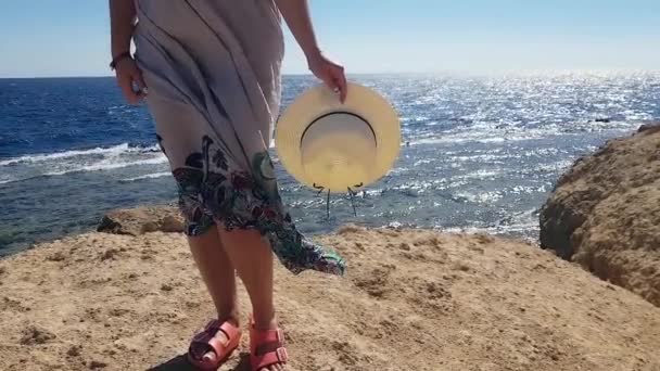 Mujer se encuentra en la colina en el lado del mar en un día soleado y ventoso con sombrero en la mano, vacaciones en el mar, recuerdos de verano, relajarse en la playa, el mar y la recreación, arena y agua azul — Vídeo de stock