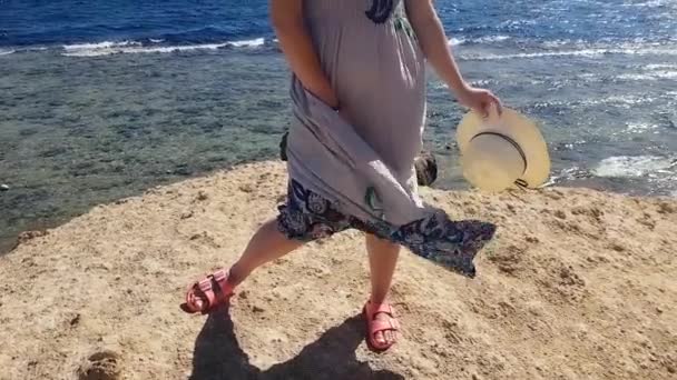 Mujer se encuentra en la colina en el lado del mar en un día soleado y ventoso con sombrero en la mano, vacaciones en el mar, recuerdos de verano, relajarse en la playa, el mar y la recreación, arena y agua azul — Vídeo de stock