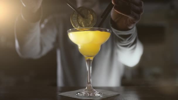 Le barman termine le cocktail en grand verre avec des fruits secs et des pailles à cocktail, faire des cocktails dans un bar, boisson alcoolisée, bar party, 4k UHD 60p vidéo à Prores HQ 422 — Video
