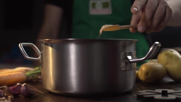 Le cuisinier ajoute des épices à la casserole à partir d'une cuillère en bois, cuisine avec des épices, poêle en acier inoxydable, ustensiles de cuisine, Full HD Prores 422 HQ — Video