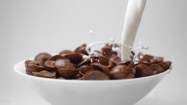 Le lait est versé dans le bol avec des flocons de maïs au chocolat au ralenti, des gouttes de lait tombant en 240 ips au petit déjeuner de céréales au cacao, liquide au ralenti, Full HD 10 bits non compressé — Video