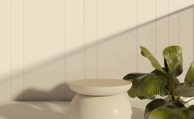 3D ürün podyumu, minimum duvarlı, tropikal bitki yaprakları, pastel arka planda gölgeli vitrin bej rengi sergi, sergiler, kozmetik ürünler.