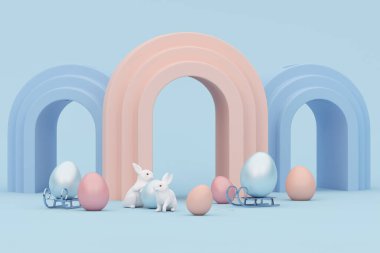 Paskalya hediyesi olarak pastel arka planda tavşan ve paskalya yumurtası. Tatil afişi, web posteri, el ilanı, şık bir broşür, tebrik kartı, kapak. Bahar Paskalya arkaplanı