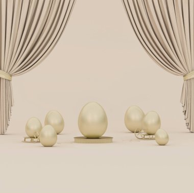 Pastel arka planda altın perdeli Paskalya yumurtaları. Tatil afişi, web posteri, el ilanı, şık bir broşür, tebrik kartı, kapak. Bahar Paskalya arkaplanı