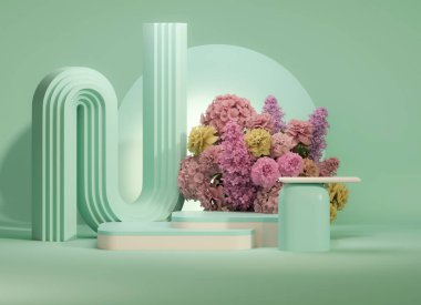 3 boyutlu podyum görüntüsü, ortanca çiçeği ve klasik çerçeveli mavi pembe arka plan. Şakayık çiçeği, gül, lale yaprağı. Güzellik ve ürün için minimum kaide. Kadınsı kopyalama alanı şablonu 3d oluşturma