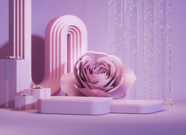 3 boyutlu podyum görüntüsü, ortanca çiçeği ve klasik çerçeveli mavi pembe arka plan. Şakayık çiçeği, gül, lale yaprağı. Güzellik ve ürün için minimum kaide. Kadınsı kopyalama alanı şablonu 3d oluşturma