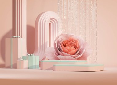 3 boyutlu podyum görüntüsü, ortanca çiçeği ve klasik çerçeveli mavi pembe arka plan. Şakayık çiçeği, gül, lale yaprağı. Güzellik ve ürün için minimum kaide. Kadınsı kopyalama alanı şablonu 3d oluşturma