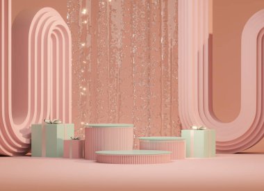 3 boyutlu podyum görüntüsü, ortanca çiçeği ve klasik çerçeveli mavi pembe arka plan. Şakayık çiçeği, gül, lale yaprağı. Güzellik ve ürün için minimum kaide. Kadınsı kopyalama alanı şablonu 3d oluşturma