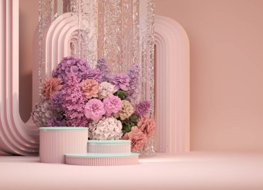 3 boyutlu podyum görüntüsü, ortanca çiçeği ve klasik çerçeveli mavi pembe arka plan. Şakayık çiçeği, gül, lale yaprağı. Güzellik ve ürün için minimum kaide. Kadınsı kopyalama alanı şablonu 3d oluşturma