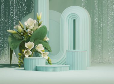 3 boyutlu podyum görüntüsü, ortanca çiçeği ve klasik çerçeveli yeşil pembe arka plan. Şakayık çiçeği, gül, lale yaprağı. Güzellik ve ürün için minimum kaide. Kadınsı kopyalama alanı şablonu 3d oluşturma