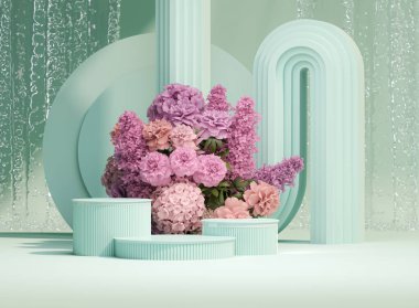 3 boyutlu podyum görüntüsü, ortanca çiçeği ve klasik çerçeveli yeşil pembe arka plan. Şakayık çiçeği, gül, lale yaprağı. Güzellik ve ürün için minimum kaide. Kadınsı kopyalama alanı şablonu 3d oluşturma