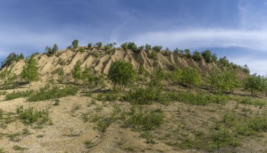 Kireçtaşı çıkarma için ocaklar. Ezilmiş kireçtaşı küçük yığınları oluşan ve yağmurlar tarafından yıkanmış bir höyük.  