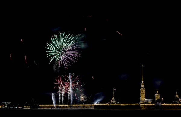 New Year Holiday Fireworks Banks Neva River Petersburg — Stock Photo, Image