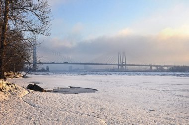 St-Petersburg'da Neva nehri üzerinde sisli sabah
