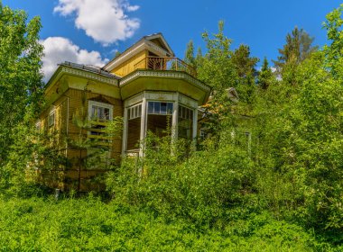 Leningrad bölgesinde terkedilmiş ve çöken ormancı evi otoyola yakın..