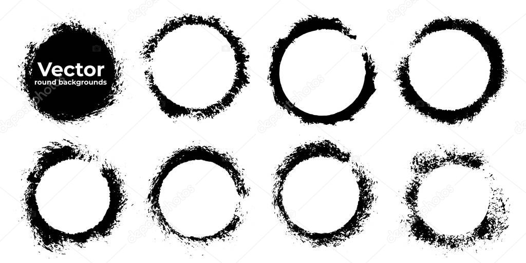 Set of black grunge abstract background templates. Brush paint ink round shaped elements. Vector illustration