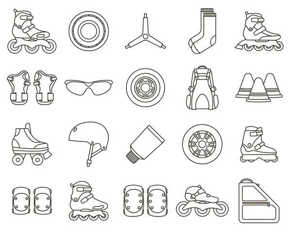 Conjunto de patines de rodillos en línea e iconos de accesorios aislados sobre fondo blanco. Esquema ilustración vectorial — Archivo Imágenes Vectoriales