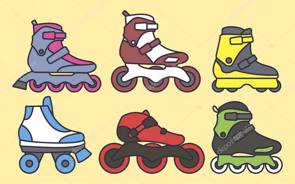 Set of Inline Roller Skates colored icons. Vector illustration.